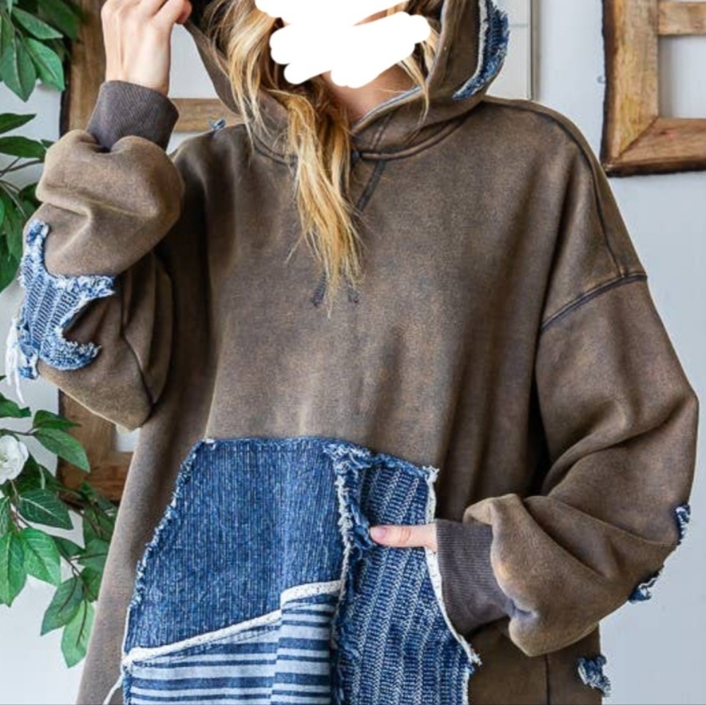 OLI & HALI Hoodie w/Denim Star Patchwork, EUC, S(Overszd), Cute+Comfy🤎🩶💙
